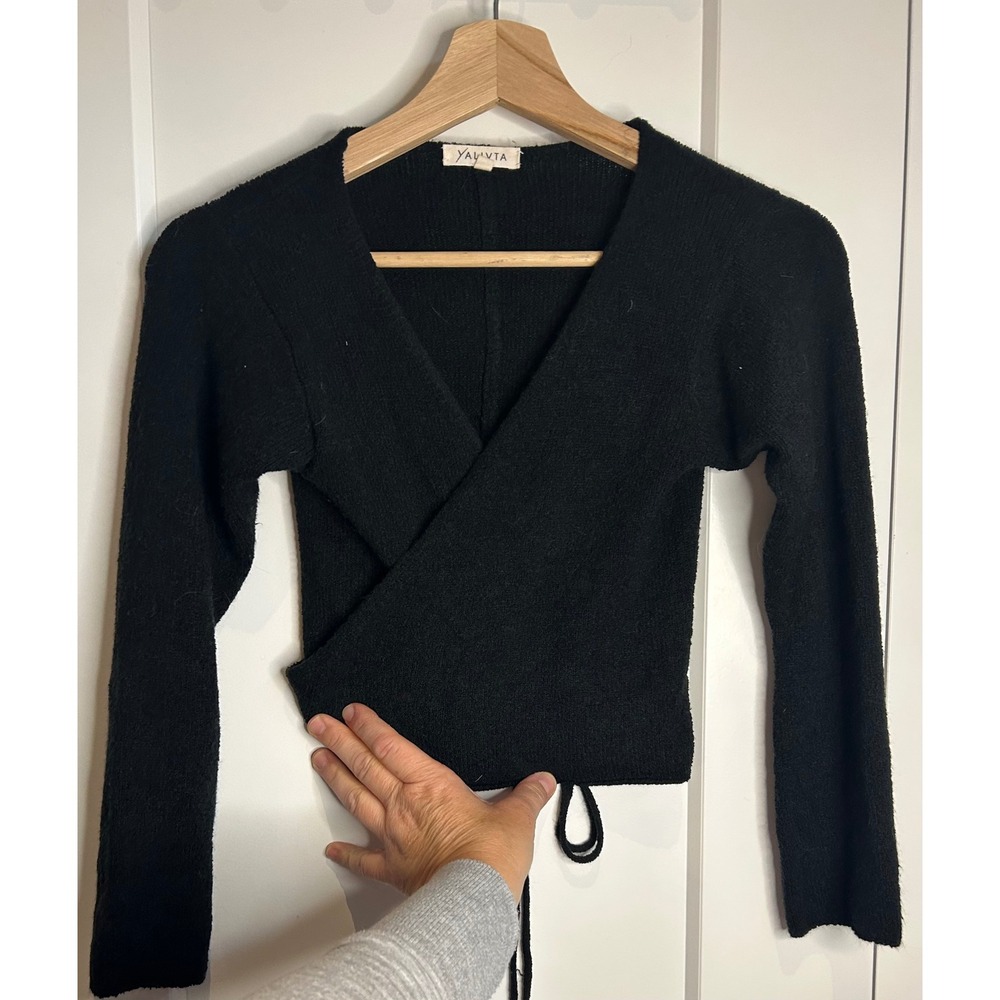 YALIVTA Womens Black Cotton Wrap Cropped Sweater V-Neck ballet feminine